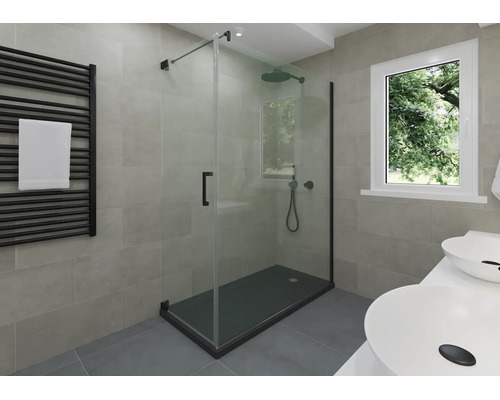 Salle de bains moderne avec douche vitrée, receveur noir, murs carrelés gris, radiateur sèche-serviettes noir et lavabos blancs.