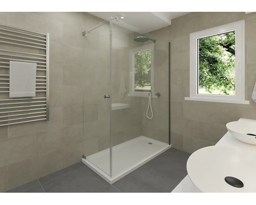 Modernes Badezimmer mit begehbarer Glasdusche, weißer Duschwanne, Handtuchheizkörper und Doppelwaschtisch mit runden Aufsatzbecken.