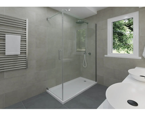 Modernes Badezimmer mit Glas-Duschabtrennung, flacher Duschwanne, Handtuchheizkörper, Doppelwaschtisch und grauen Wandfliesen.
