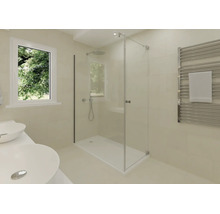 Salle de bains moderne et lumineuse avec une douche à l'italienne en verre, deux vasques à poser blanches et un radiateur sèche-serviettes chromé.
