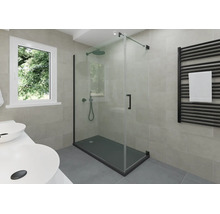 Salle de bains moderne avec douche italienne, profilés et receveur noirs. Radiateur sèche-serviettes noir, vasques blanches et carrelage gris.