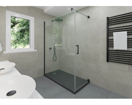 Salle de bains moderne avec douche italienne, profilés et receveur noirs. Radiateur sèche-serviettes noir, vasques blanches et carrelage gris.
