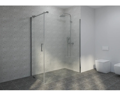 Salle de bain moderne avec cabine de douche en verre, robinetterie chromée, carrelage gris aspect pierre, toilettes suspendues et bidet.
