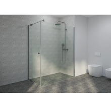 Douche à l'italienne moderne avec paroi en verre, colonne de douche et WC suspendu dans une salle de bains lumineuse avec carrelage aspect béton.