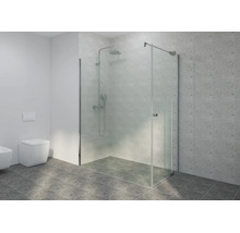 Begehbare Dusche mit Glaswand, Duschsystem mit Regendusche und Handbrause in einem modernen Badezimmer mit grauen Fliesen.
