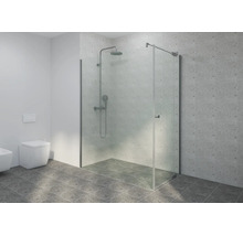 Modernes Badezimmer mit Glasdusche, verchromtem Duschsystem, grauen Fliesen in Terrazzo-Optik und wandhängendem WC.