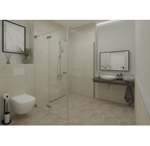 Salle de bains moderne et lumineuse avec douche en verre, toilettes suspendues et vasque à poser sur un plan de toilette sombre sous un miroir.