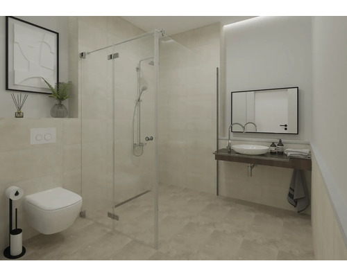 Salle de bains moderne et lumineuse avec douche en verre, toilettes suspendues et vasque à poser sur un plan de toilette sombre sous un miroir.