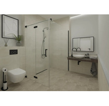 Modernes Badezimmer mit Glasduschkabine, schwarzen Beschlägen, wandhängendem WC und Waschtisch mit Aufsatzbecken und schwarzer Armatur.