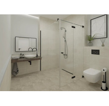Salle de bains moderne et lumineuse avec douche vitree a l italienne, vasque a poser blanche, toilettes suspendues et robinetterie noire.