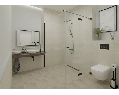 Salle de bains moderne et lumineuse avec douche vitree a l italienne, vasque a poser blanche, toilettes suspendues et robinetterie noire.