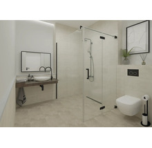 Modernes Badezimmer mit Glasduschkabine, schwarzen Armaturen, weißem Hänge-WC und Aufsatzwaschbecken auf dunkler Ablage.