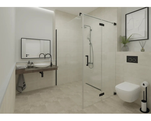 Modernes Badezimmer mit Glasduschkabine, schwarzen Armaturen, weißem Hänge-WC und Aufsatzwaschbecken auf dunkler Ablage.
