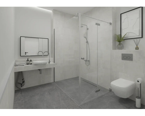 Modernes, helles Badezimmer mit gläserner Walk-In-Dusche, Hänge-WC, Waschtisch mit Aufsatzbecken und rechteckigem Spiegel.