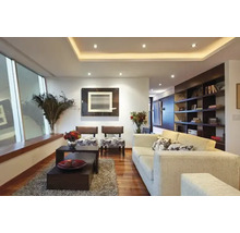 Modernes Wohnzimmer mit hellem Sofa, dunklem Couchtisch auf grauem Teppich, Holzparkett und indirekter Deckenbeleuchtung.