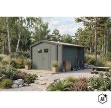 Abri de jardin moderne en bois avec portes doubles et appentis latéral dans un jardin naturel avec gravier et plantations (Image AI modified or generated)