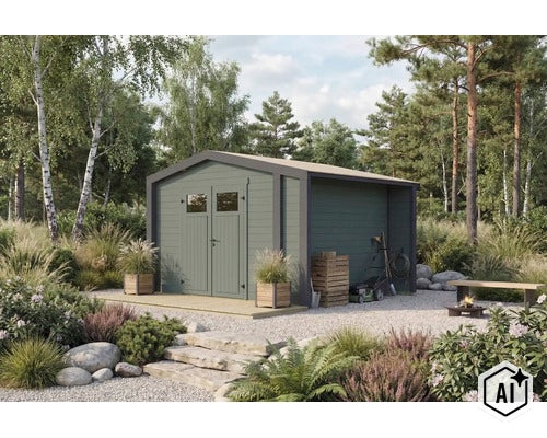 Abri de jardin moderne en bois avec portes doubles et appentis latéral dans un jardin naturel avec gravier et plantations (Image AI modified or generated)