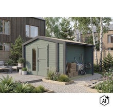 Abri de jardin moderne en bois avec auvent intégré pour un espace de rangement supplémentaire dans un jardin bien entretenu. (Image AI modified or generated)