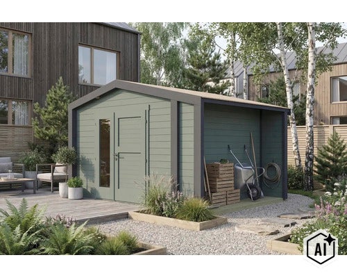 Abri de jardin moderne en bois avec auvent intégré pour un espace de rangement supplémentaire dans un jardin bien entretenu. (Image AI modified or generated)