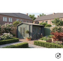 Abri de jardin moderne en bois avec auvent intégré et portes à persiennes dans un jardin soigné avec parterres de fleurs et pavés. (Image AI modified or generated)