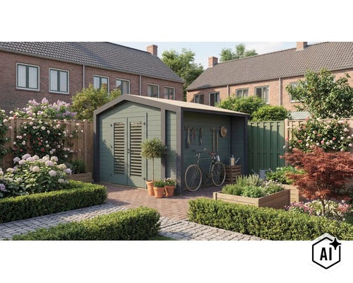 Abri de jardin moderne en bois avec auvent intégré et portes à persiennes dans un jardin soigné avec parterres de fleurs et pavés. (Image AI modified or generated)