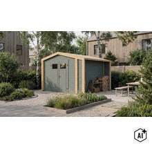Abri de jardin en bois avec double porte et bûcher attenant dans un jardin bien entretenu. (Image AI modified or generated)