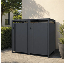 Cache-poubelle moderne en métal pour deux poubelles en anthracite, installé à l'extérieur sur un pavage devant un mur.