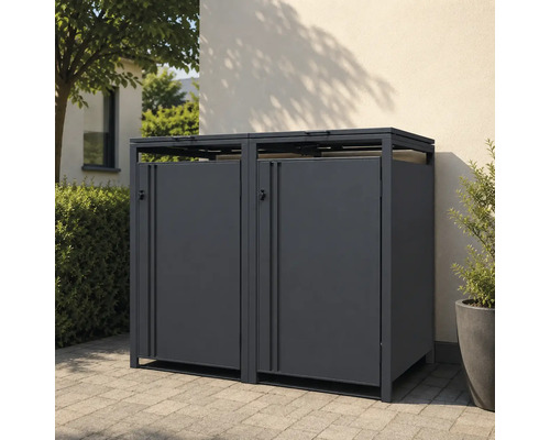 Cache-poubelle moderne en métal pour deux poubelles en anthracite, installé à l'extérieur sur un pavage devant un mur.
