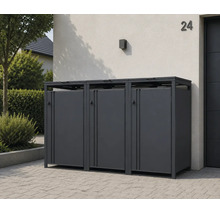 Abri pour 3 poubelles en métal anthracite, design moderne, installé sur une surface pavée devant une maison.