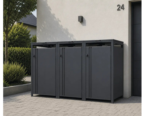 Abri pour 3 poubelles en métal anthracite, design moderne, installé sur une surface pavée devant une maison.