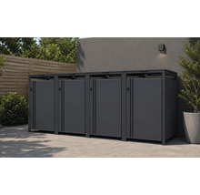 Abri de jardin moderne en métal pour quatre poubelles dans un espace extérieur organisé avec pavés, clôture en bois et applique murale.