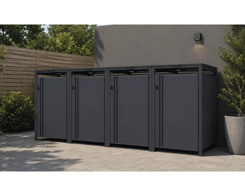 Abri de jardin moderne en métal pour quatre poubelles dans un espace extérieur organisé avec pavés, clôture en bois et applique murale.