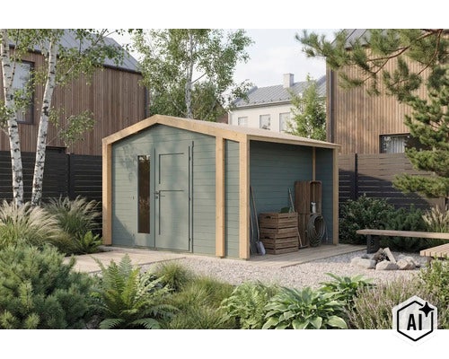 Abri de jardin moderne en bois avec auvent intégré dans un jardin bien entretenu, offrant un espace de rangement et un auvent ouvert. (Image AI modified or generated)