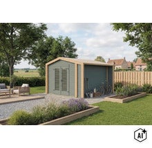 Abri de jardin moderne en bois avec auvent intégré, double porte à persiennes et espace salon extérieur dans un jardin bien entretenu. (Image AI modified or generated)