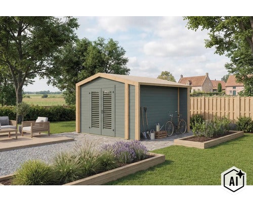 Abri de jardin moderne en bois avec auvent intégré, double porte à persiennes et espace salon extérieur dans un jardin bien entretenu. (Image AI modified or generated)