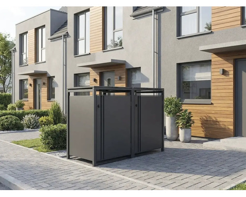 Cache-poubelle en métal pour trois conteneurs devant une maison moderne avec façade en bois et cour pavée.