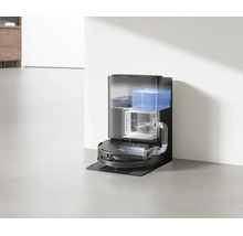 Ecovacs Saugroboter und Wischroboter mit Absaugstation, transparente Ansicht der Wassertanks und der Staubabsaugung.