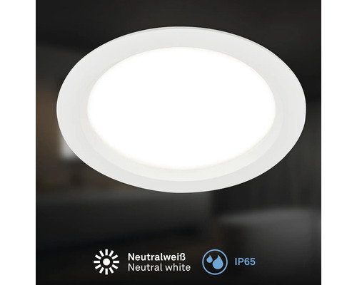 Spot encastrable LED rond pour intérieur avec indice de protection IP65 et température de couleur blanc neutre.