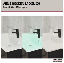 Fackelmann Badmöbel Waschbecken aus Keramik, Glas und Mineralguss mit Armatur auf Unterschrank vor einer Marmorwand. Fackelmann Badmöbel Logo.