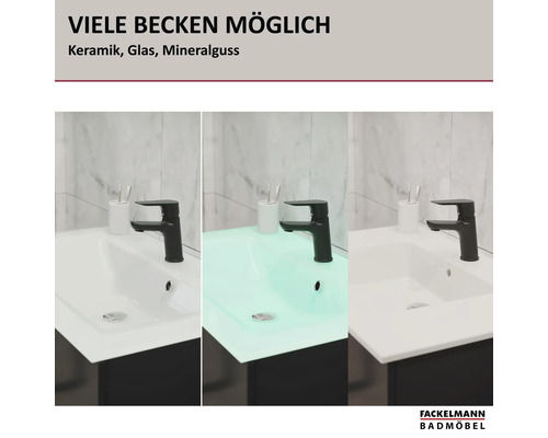 Fackelmann Badmöbel Waschbecken aus Keramik, Glas und Mineralguss mit Armatur auf Unterschrank vor einer Marmorwand. Fackelmann Badmöbel Logo.
