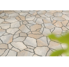 Dalles polygonales en pierre naturelle pour terrasse ou allée de jardin, formes irrégulières avec joints foncés.