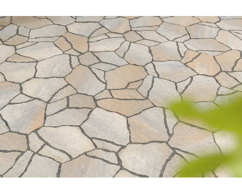 Dalles polygonales en pierre naturelle pour terrasse ou allée de jardin, formes irrégulières avec joints foncés.