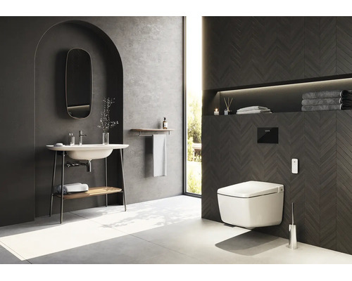 Salle de bain moderne avec WC suspendu, carrelage à chevrons foncés, lavabo sur pied avec miroir et carrelage de sol clair.