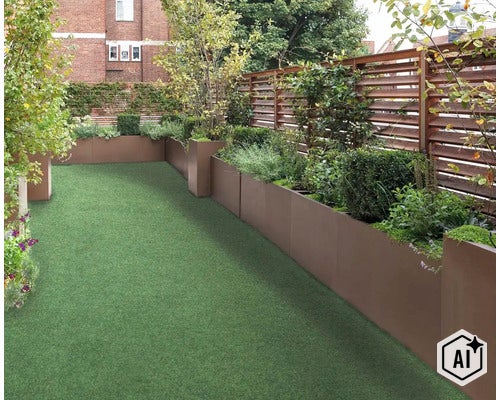 Terrasse de toit moderne avec gazon artificiel, bacs à plantes en métal hauts et une clôture de jardin en bois, avec arbustes et arbres. (Image AI modified or generated)