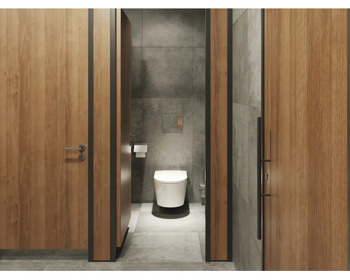 Salle de bains moderne avec WC suspendu, grands carreaux gris aspect pierre et portes en bois avec cadre noir. Design clair et organisé.