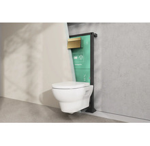 Installation de WC suspendu hansgrohe en coupe avec réservoir encastré et plaque de déclenchement.