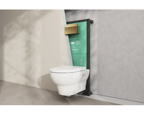 Installation de WC suspendu hansgrohe en coupe avec réservoir encastré et plaque de déclenchement.