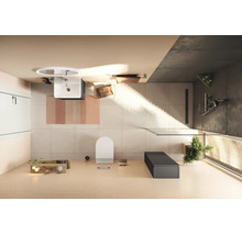 Salle de bains moderne et lumineuse avec douche à l'italienne, toilette suspendue, lavabo avec miroir rond et meubles minimalistes.