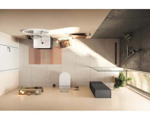 Salle de bains moderne et lumineuse avec douche à l'italienne, toilette suspendue, lavabo avec miroir rond et meubles minimalistes.