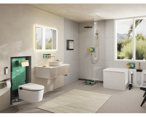 Salle de bains moderne et lumineuse avec Hansgrohe Logo et systèmes d'installation visibles pour toilette suspendue, lavabo, douche et baignoire.
